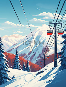 滑雪插画图片_缆车翻山雪山滑雪卡通插画17