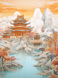 中国建筑平静的水山景诗意淡青色和红色18