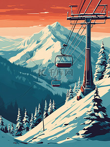 缆车翻山雪山滑雪卡通插画18
