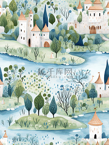 涂鸦水彩插画图片_树林城堡涂鸦水彩纹理插画1