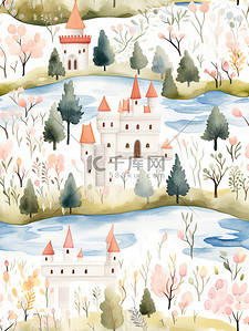 树林城堡涂鸦水彩纹理插画4