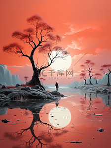 梦境月夜大树河流极简插画13