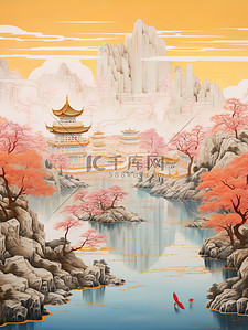 中国建筑平静的水山景诗意淡青色和红色5