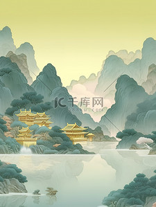 金色的中国建筑淡青色山水插画7