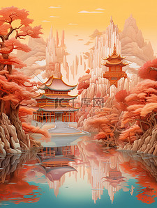 淡青色插画图片_中国建筑平静的水山景诗意淡青色和红色9