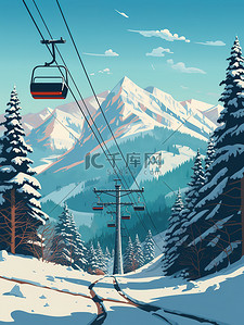 缆车翻山雪山滑雪卡通插画11