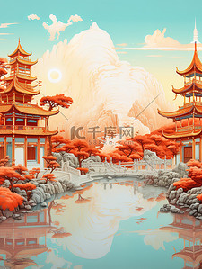 淡青色插画图片_中国建筑平静的水山景诗意淡青色和红色4