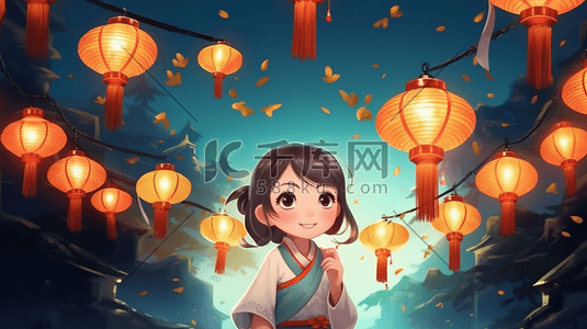 祈福中国插画图片_中元节放花灯祈福插画4