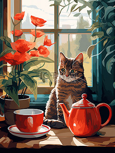 煮咖啡插画图片_猫在舒适明亮的房间里煮咖啡插画18
