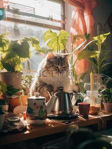 明亮的房间插画图片_猫在舒适明亮的房间里煮咖啡插画4