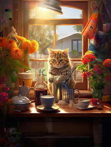 煮咖啡插画图片_猫在舒适明亮的房间里煮咖啡插画6