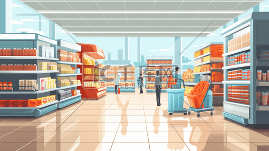 货品插画图片_彩色超市购物货架插画6