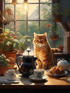 煮咖啡插画图片_猫在舒适明亮的房间里煮咖啡插画1