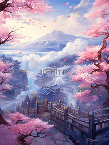 粉色中国风插画图片_粉色中国风樱花建筑风景插画2