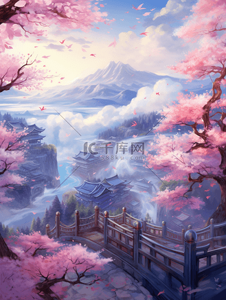 粉色中国风樱花建筑风景插画2