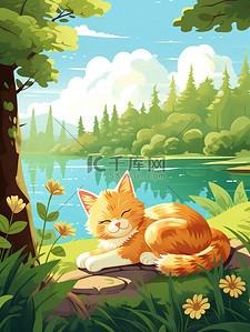 一只猫睡在森林湖边插画7