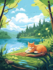动物在森林插画图片_一只猫睡在森林湖边插画4