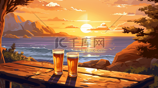 海边落日啤酒插画