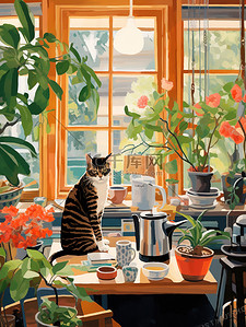 煮咖啡插画图片_猫在舒适明亮的房间里煮咖啡插画2