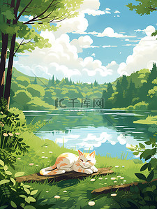 一只猫睡在森林湖边插画41