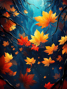 红色颐和园插画图片_红色和金色枫叶树叶秋天气氛13