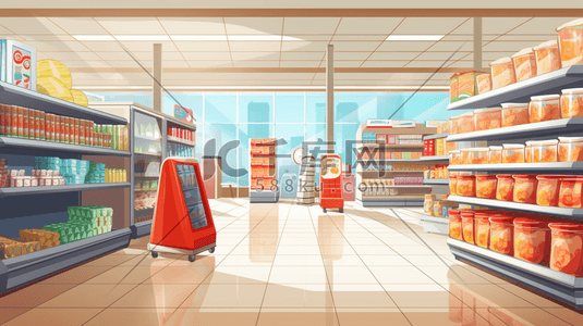 货品插画图片_彩色超市购物货架插画4