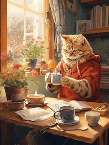煮咖啡插画图片_猫在舒适明亮的房间里煮咖啡插画12