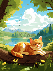 动物在森林插画图片_一只猫睡在森林湖边插画5