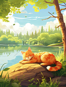 一只猫睡在森林湖边插画18