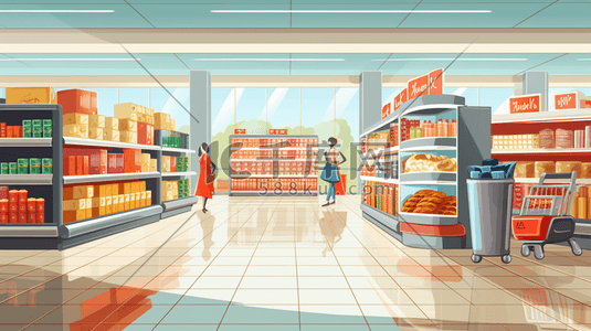 托盘货架插画图片_彩色超市购物货架插画2