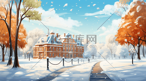 冬季校园雪景唯美插画3