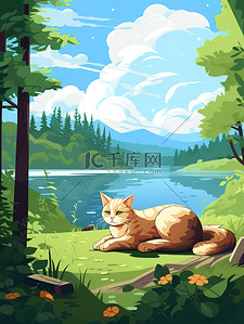 动物在森林插画图片_一只猫睡在森林湖边插画9