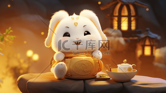 卡通月饼玉兔插画图片_中秋节3D立体卡通玉兔插画3
