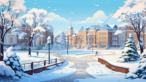 冬季校园雪景唯美插画18