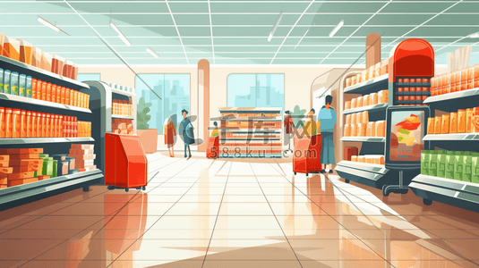 货品充足插画图片_彩色超市购物货架插画7