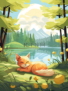 一只猫睡在森林湖边插画11