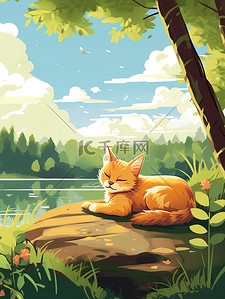 动物在森林插画图片_一只猫睡在森林湖边插画1