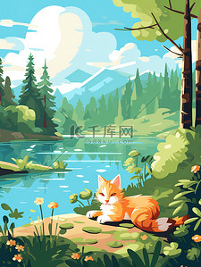 一只猫睡在森林湖边插画17
