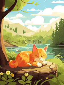 动物在森林插画图片_一只猫睡在森林湖边插画12