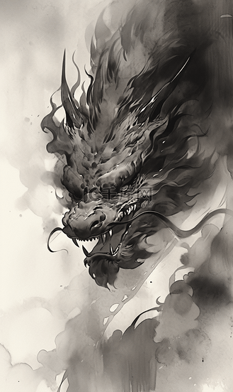 龙年东方龙中国风水墨插画