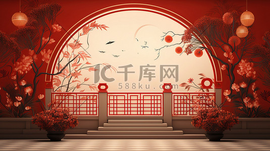 新年红色大气插画图片_红色新年喜庆装饰国潮插画10