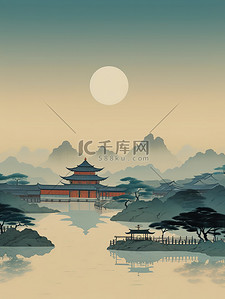 中国工笔画古建山脉湖水月亮插画8