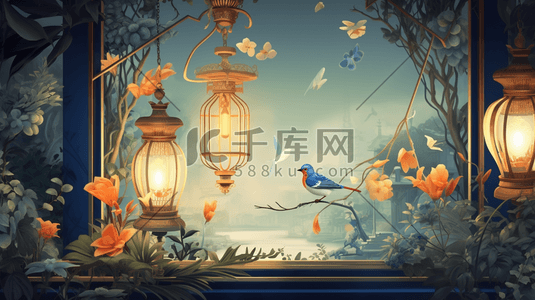 彩色中国风古典灯笼装饰唯美插画15