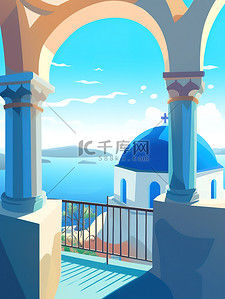 希腊酸奶插画图片_希腊旅行蓝白建筑插画12