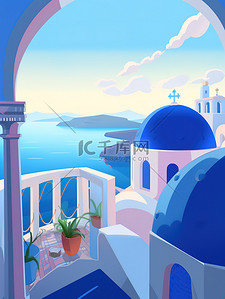 希腊酸奶插画图片_希腊旅行蓝白建筑插画16