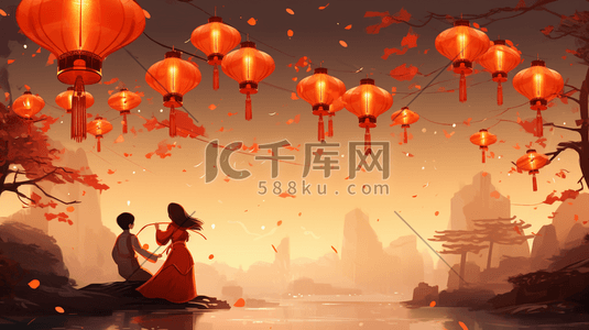 中国风中元节祈福花灯插画29