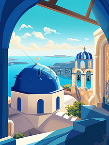 希腊旅行蓝白建筑插画11