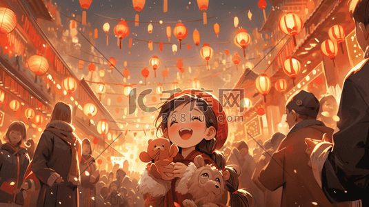 春节的插画图片_新年跨年欣赏烟花的热闹街景集市场景手绘插