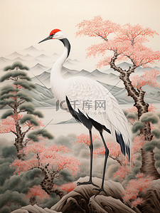 一幅插画图片_一幅丹顶鹤与松树山水10
