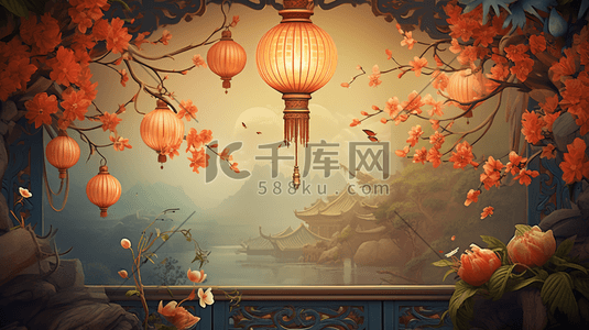 彩色中国风古典灯笼装饰唯美插画17